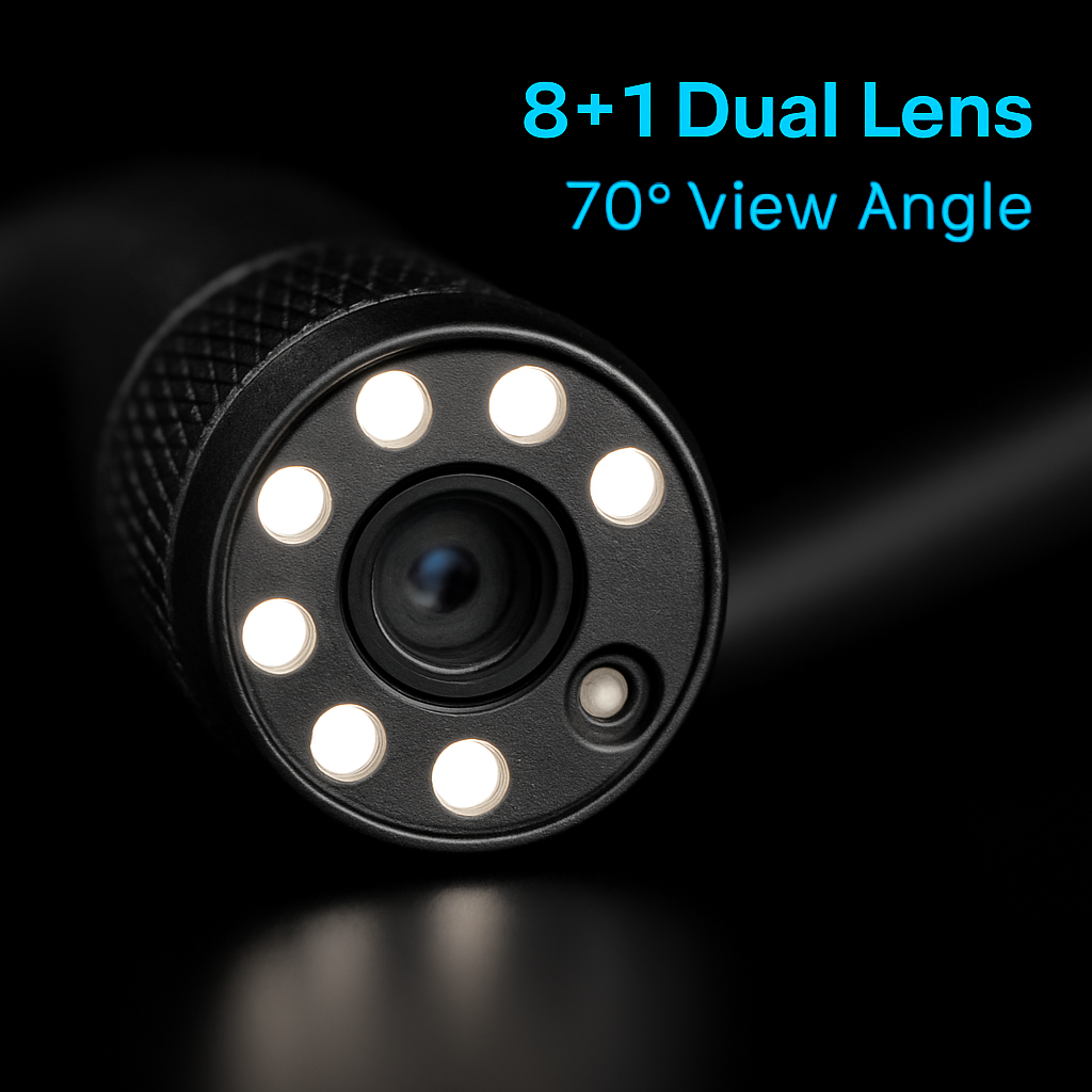 Dual-lens endoscope probe with front and side cameras and LED lights
