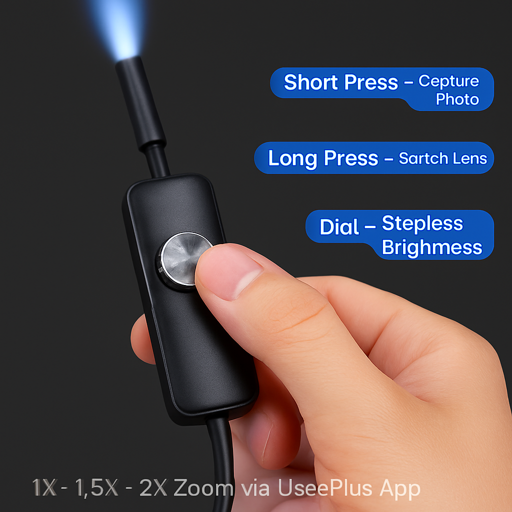 Inspection camera mobile app controls for zoom, photo and video capture