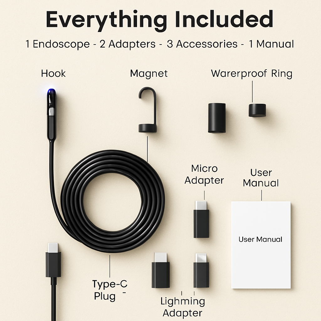Dual-lens inspection camera kit with cable, adapters and included accessories