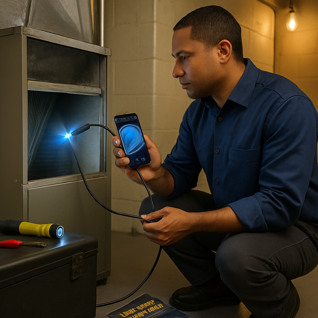 Mechanic using a smartphone inspection camera in a tight equipment space