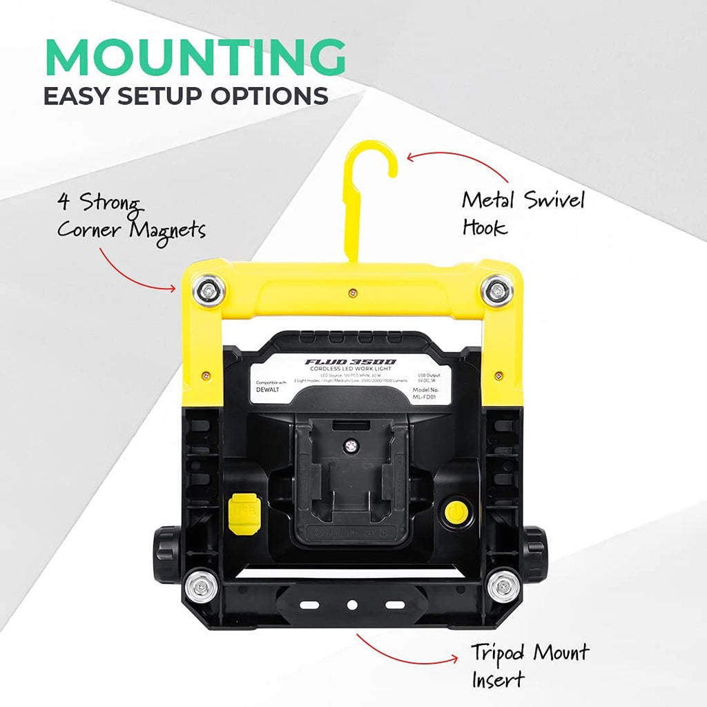 FLUD 3500 magnetic LED work light compatible with DeWalt 20V batteries