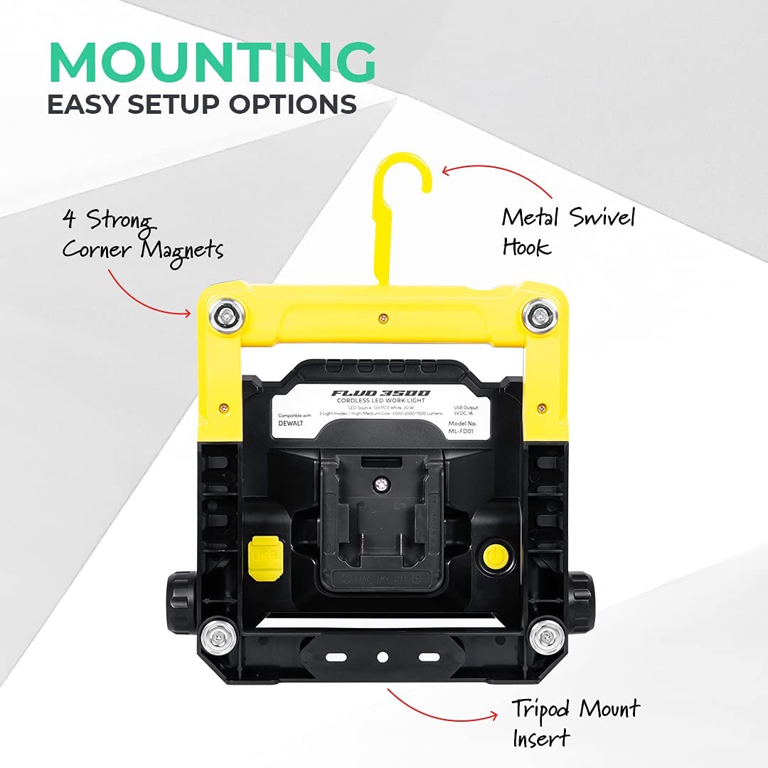 FLUD 3500 magnetic LED work light compatible with DeWalt 20V batteries